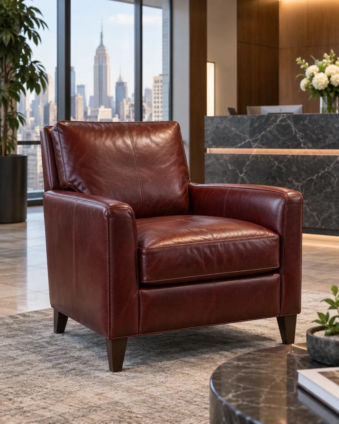 An oxblood leather armchair in an office reception area