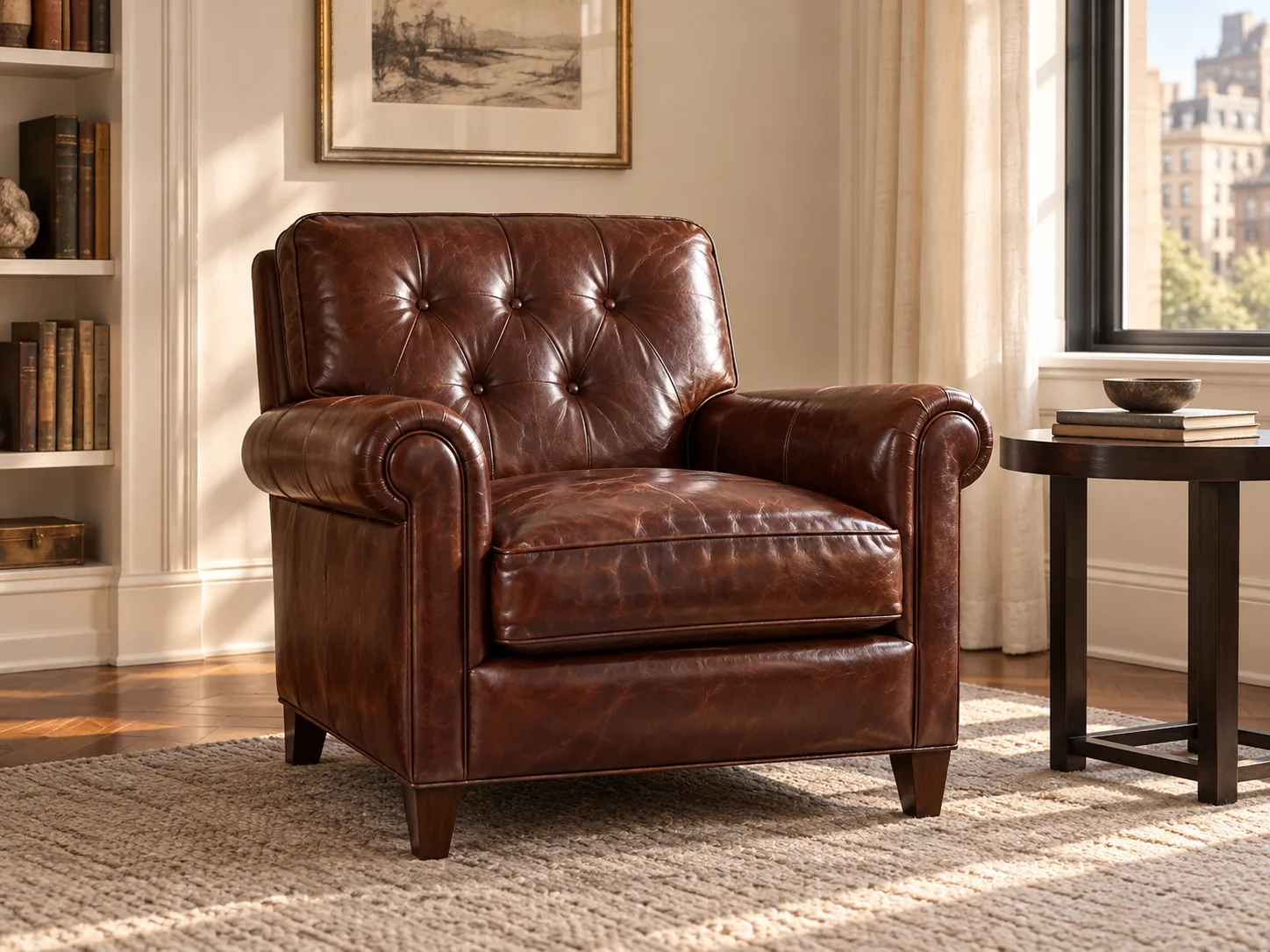 An oxblood leather club chair in a reading corner