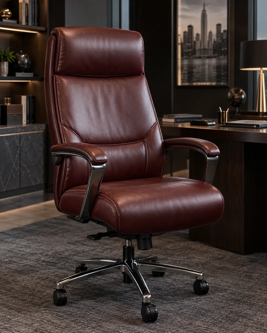 An oxblood leather executive chair at a desk
