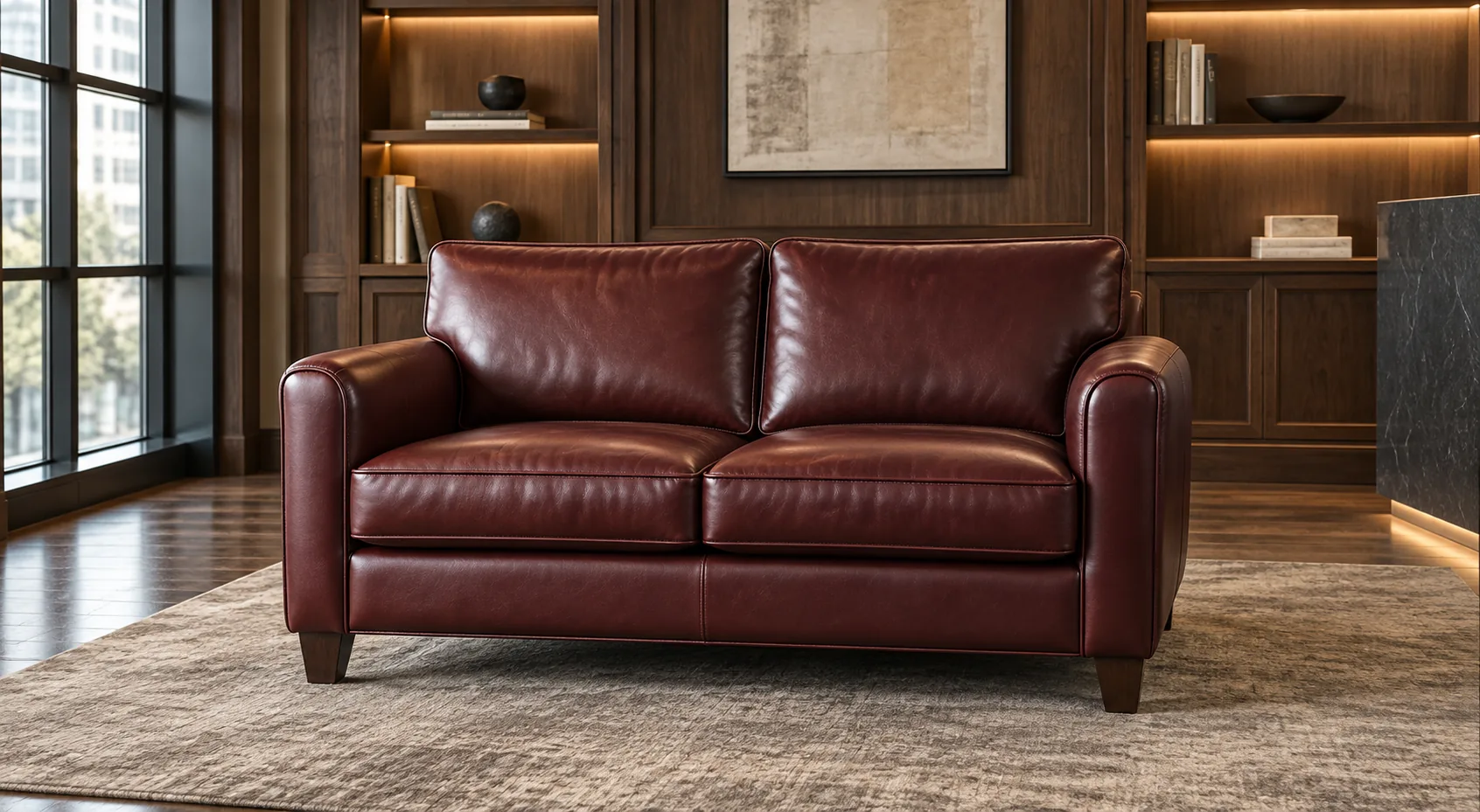 Oxblood leather loveseat in a panelled library