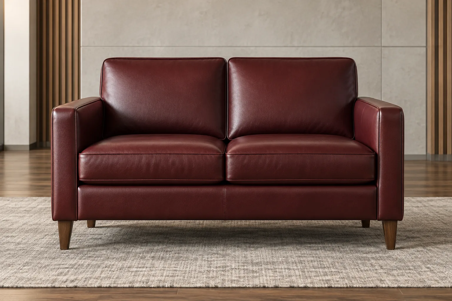 Oxblood leather loveseat with track arms photographed straight on against a plain wall