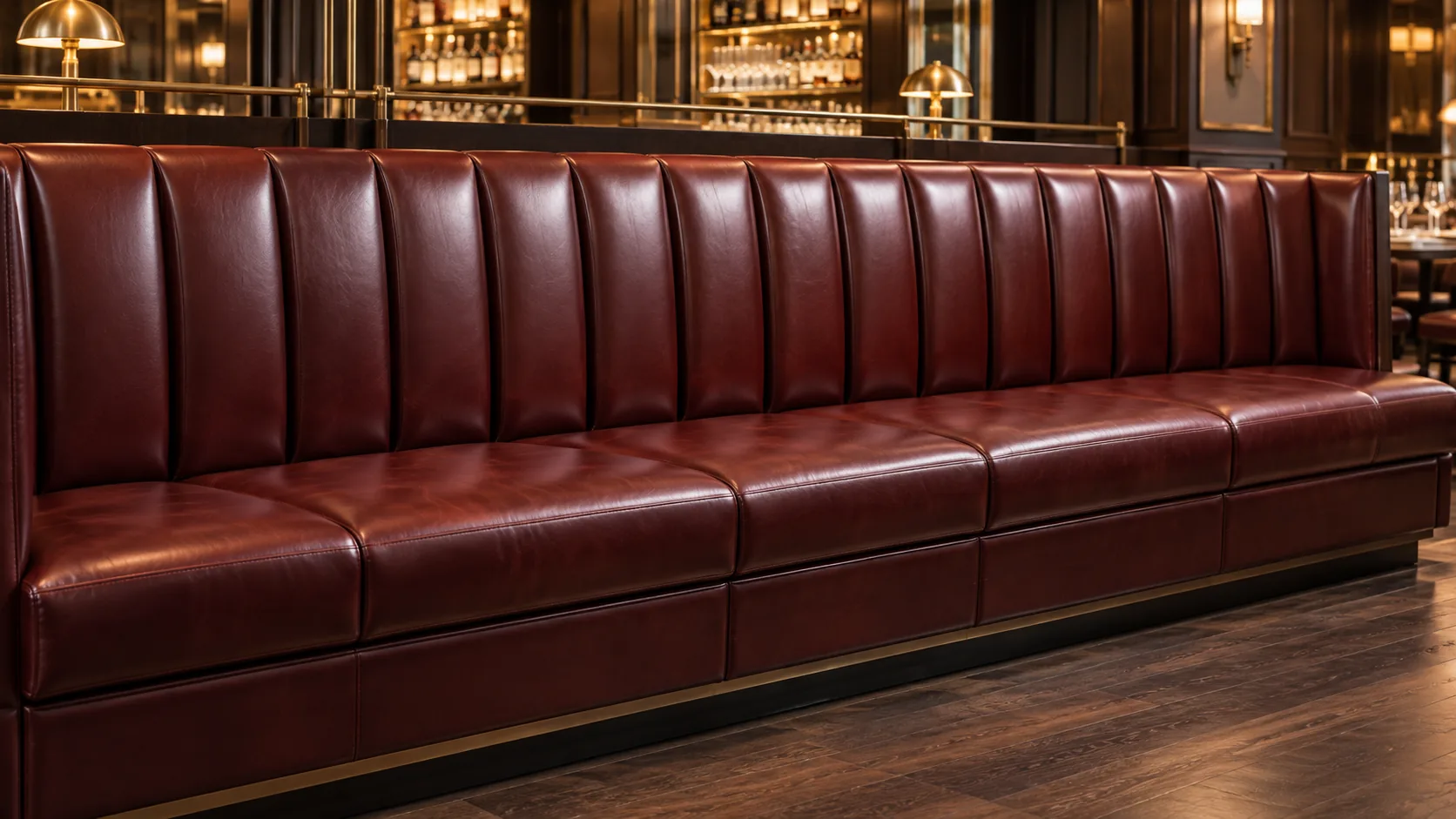 Oxblood leather banquette run built for a restaurant dining room