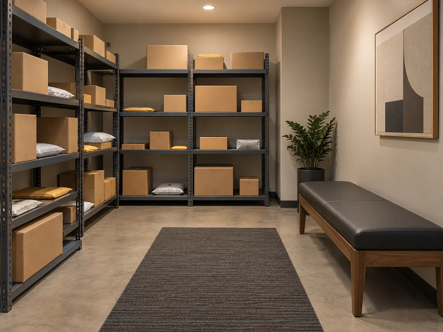A bench in a building package room