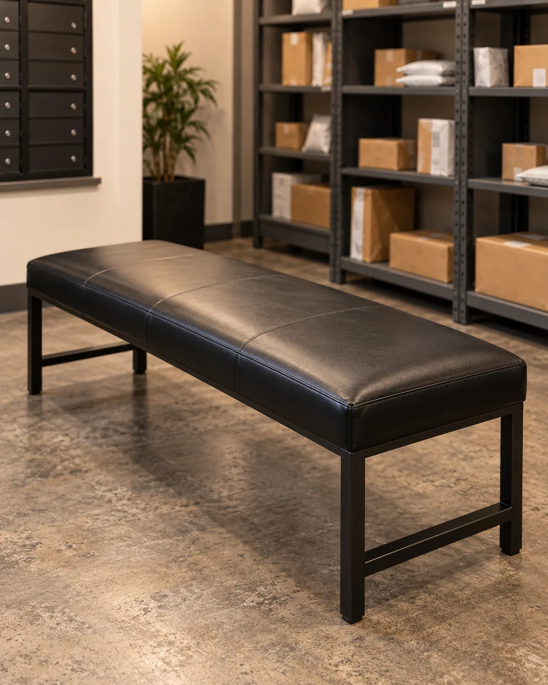 Black leather bench in a package room