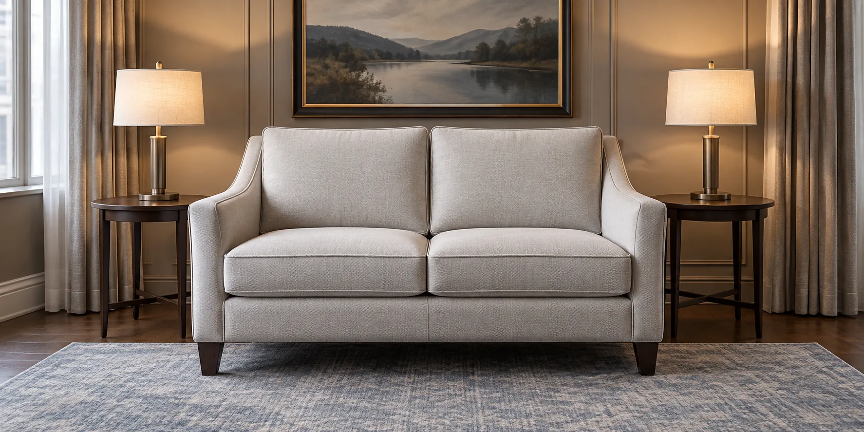 Pale grey fabric loveseat between two lamps