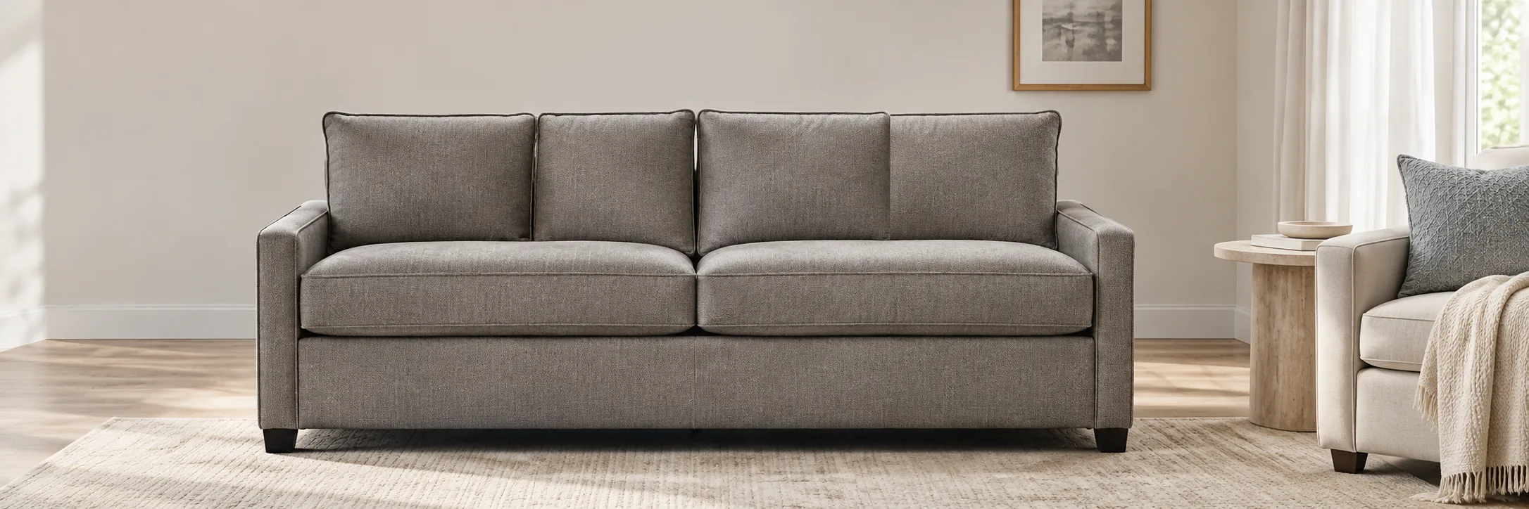 A pale sleeper sofa closed, photographed straight on in a wide room
