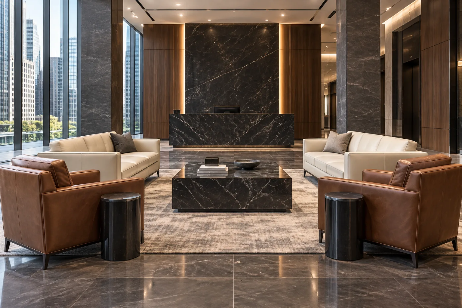 Reupholstered cream and cognac lobby seating in a Park Avenue office