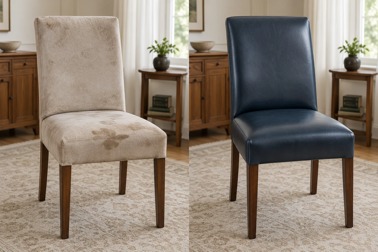 Parsons dining chair in stained beige fabric, after being recovered in navy leather