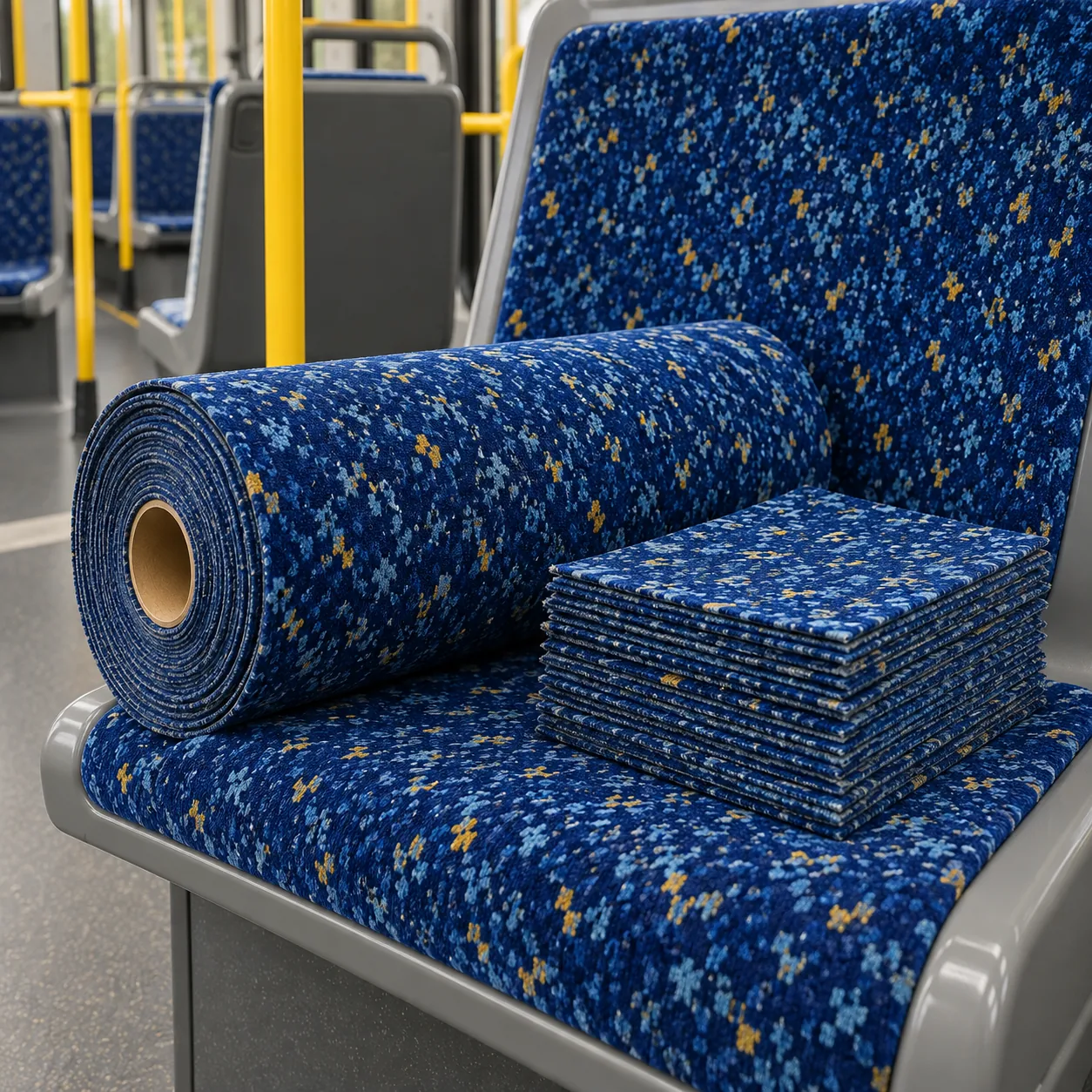 A roll of matched moquette and cut patch squares resting on a bus seat
