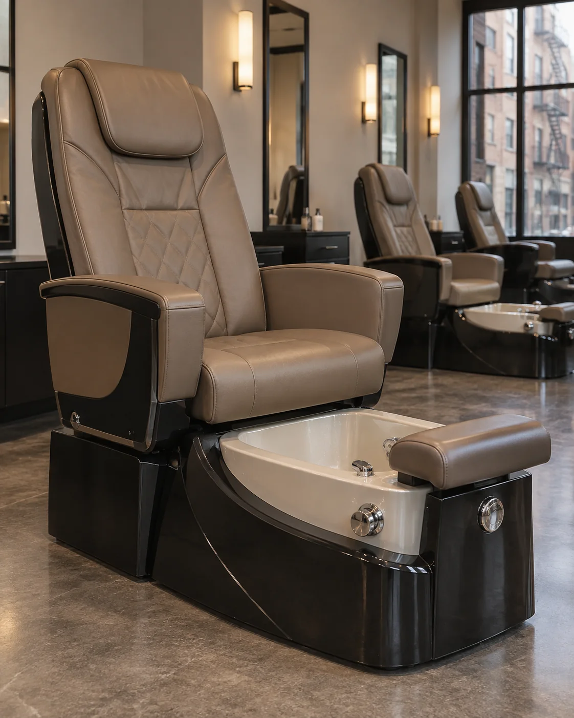 Taupe pedicure spa chair with a foot basin