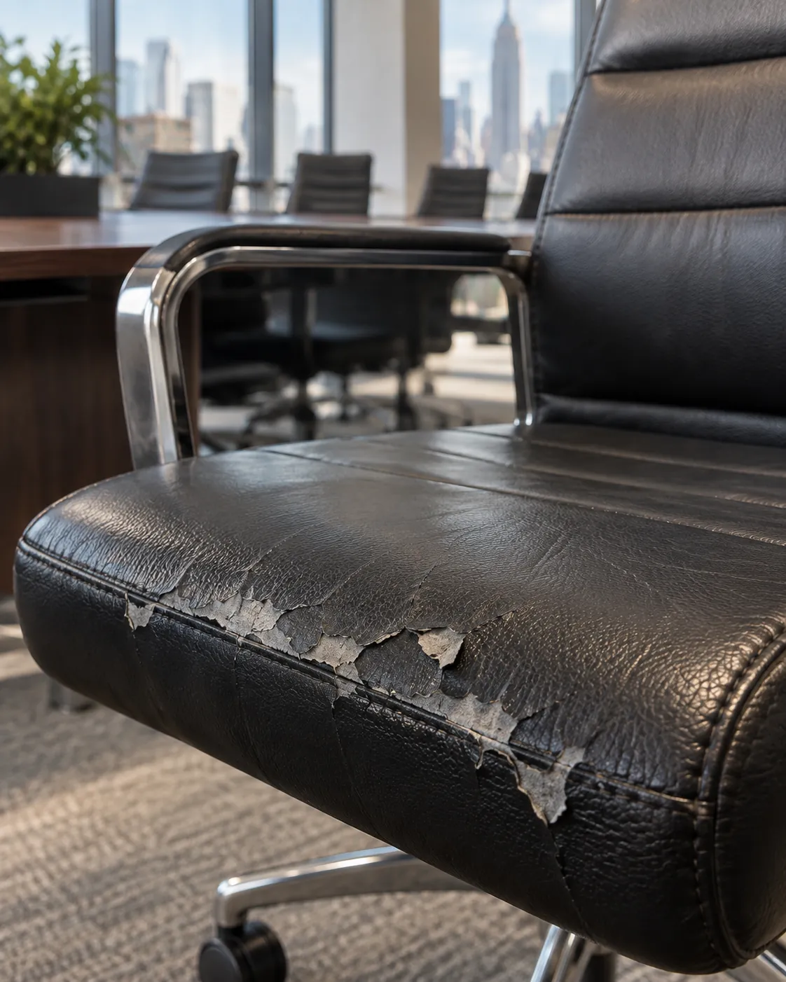 Peeling black seat on an office chair