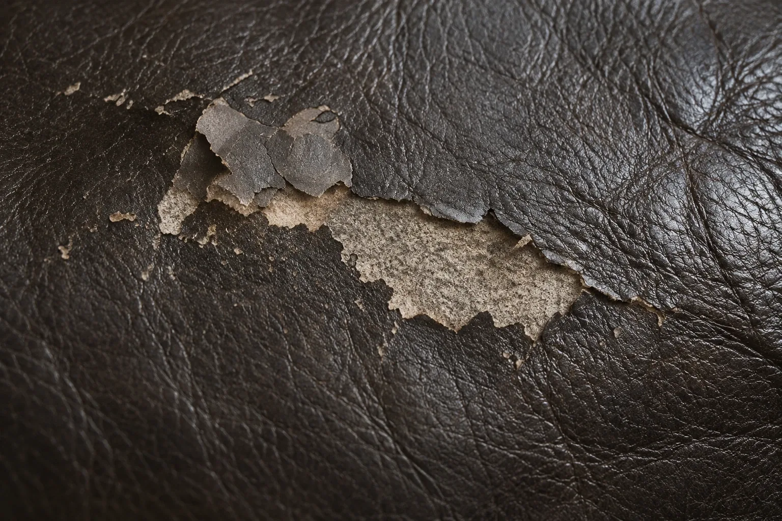 A finish coating lifting away in a flap from brown leather upholstery