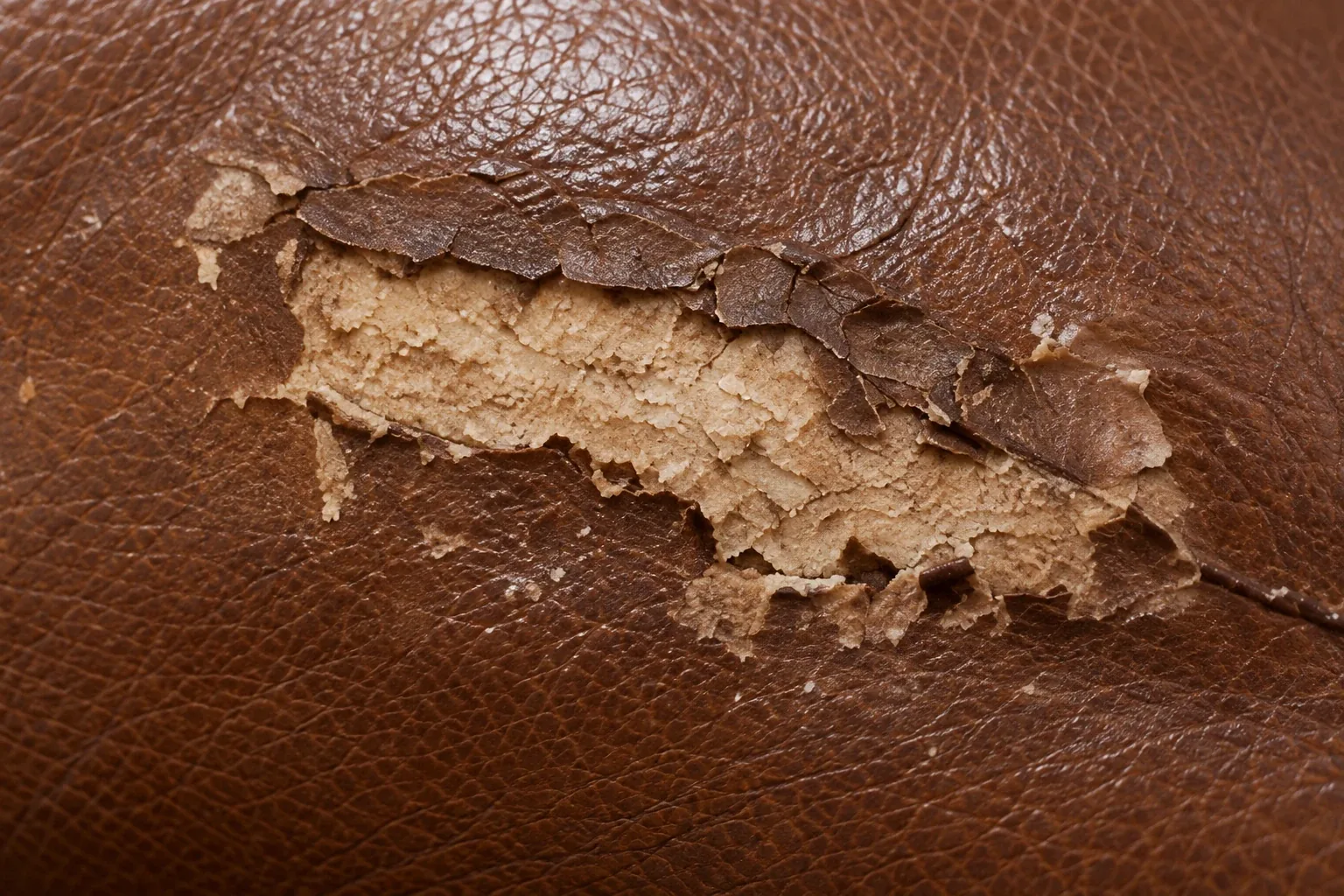A failed glue repair lifting off leather