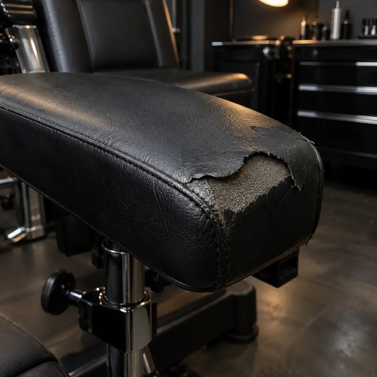 Peeling vinyl on the end of a tattoo chair arm pad