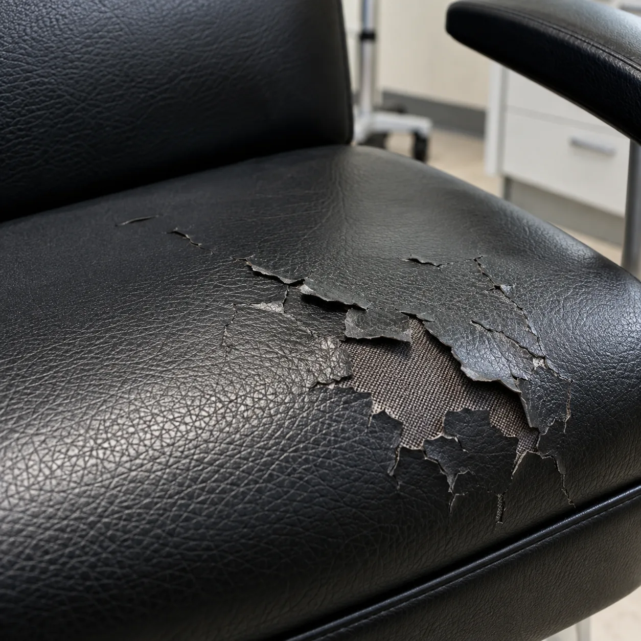 Black vinyl peeling away from its fabric backing on a chair seat