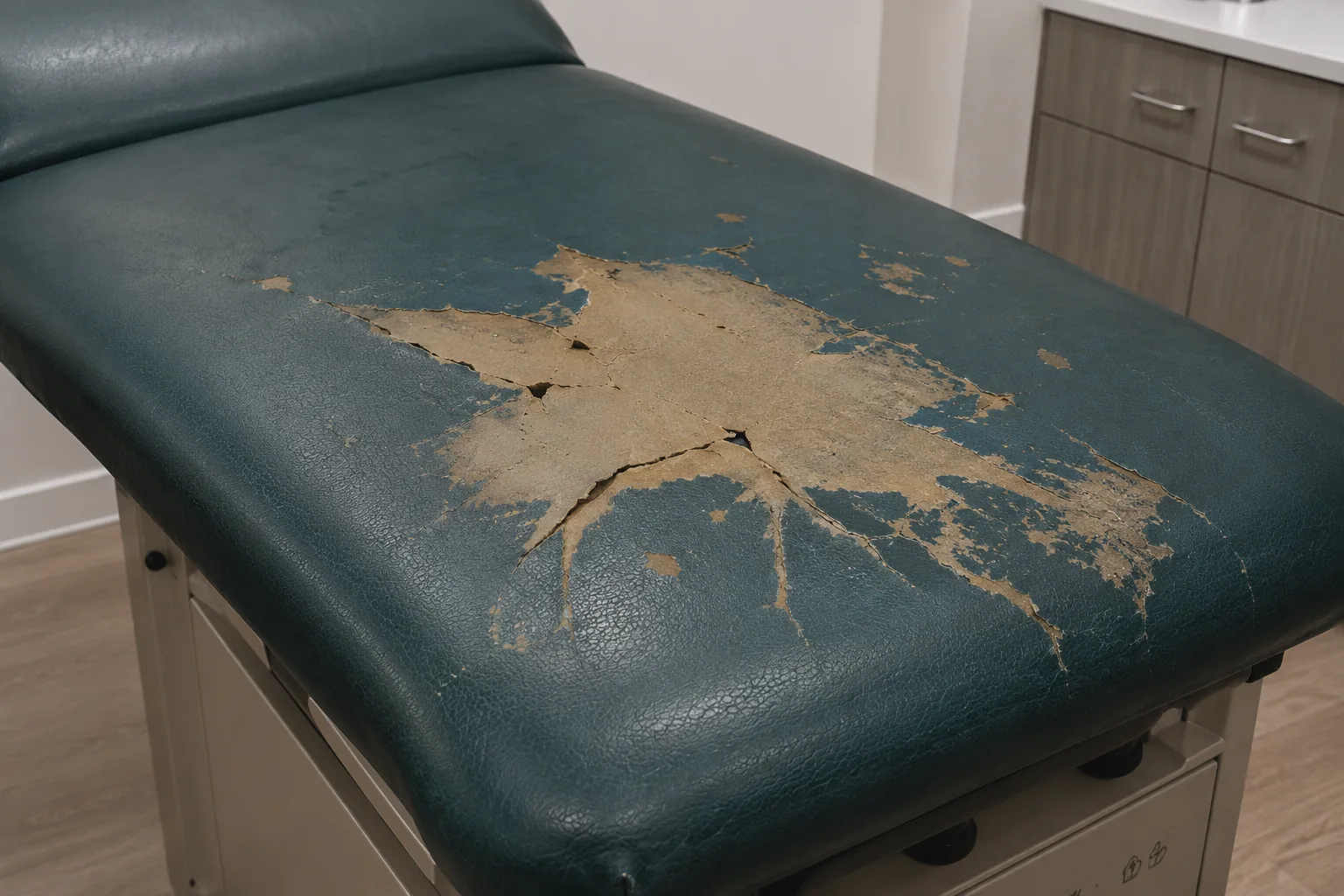 Teal vinyl peeling off its backing on an exam table seat