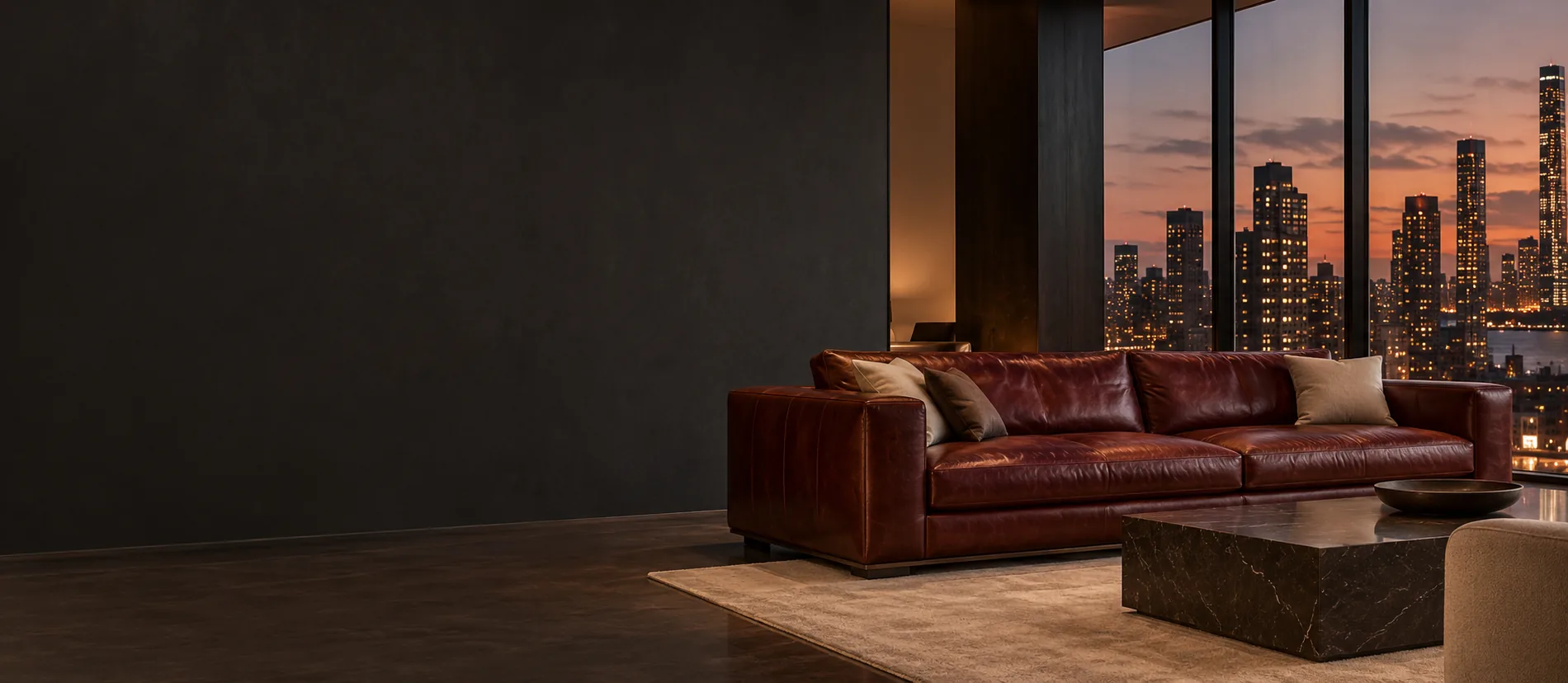 Leather sofa in an open-plan apartment at dusk
