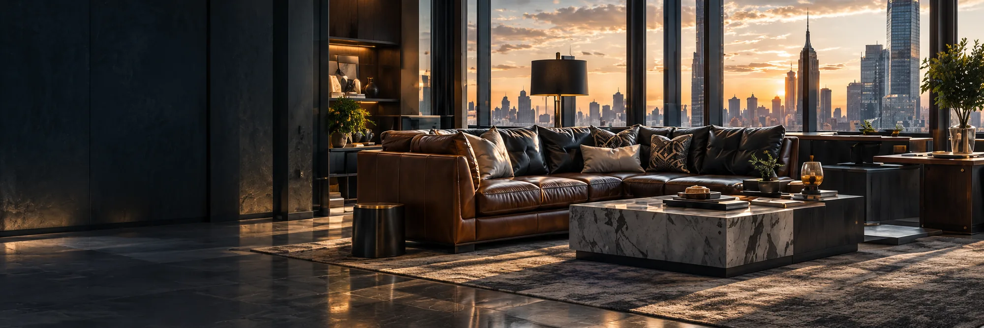 Penthouse lounge with tan leather seating and a city view at dusk after trade leather restoration