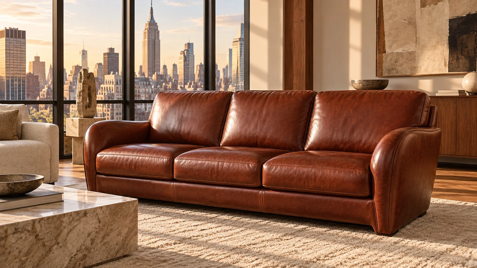 Red leather sofa in a high-rise apartment