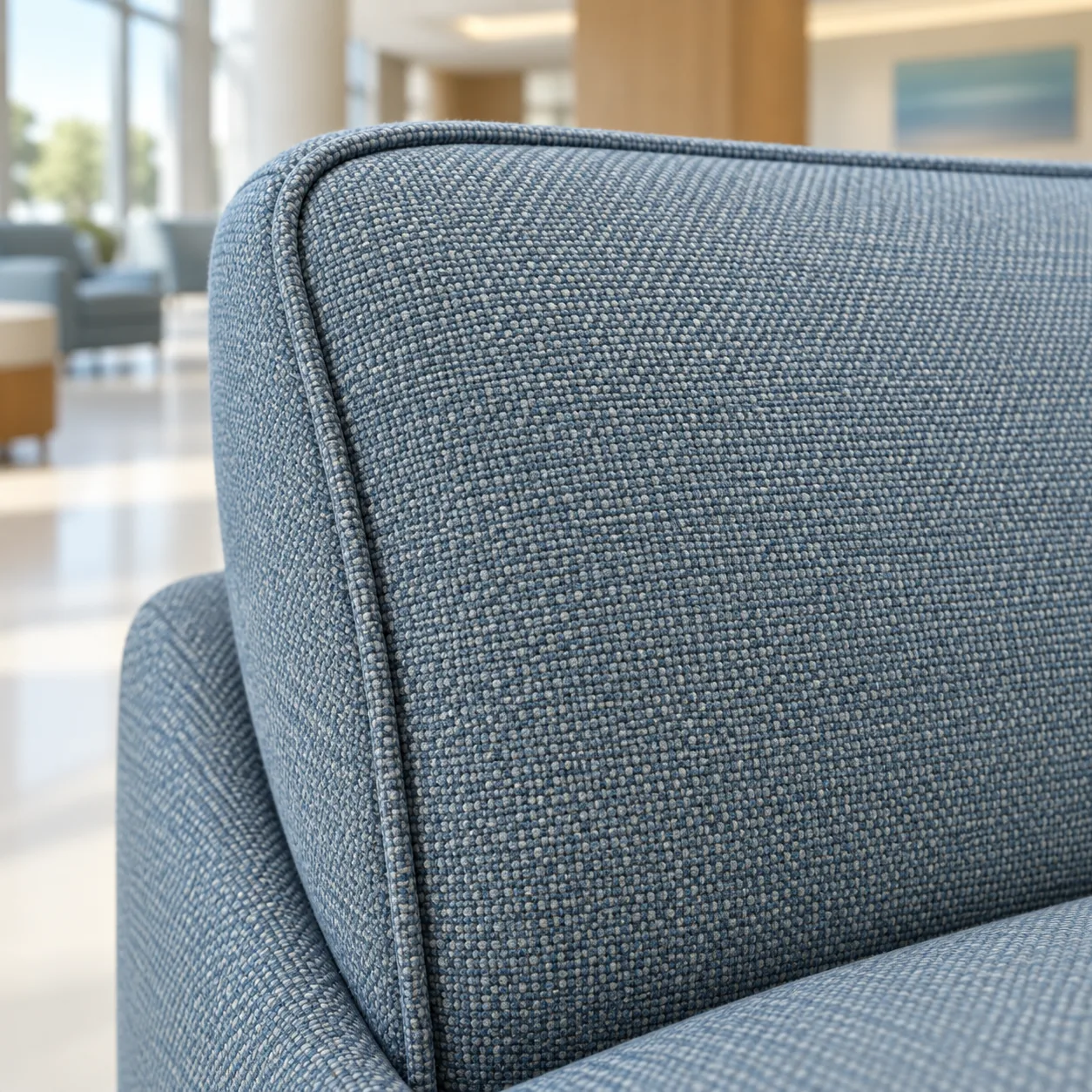 Blue woven performance fabric on the back of a healthcare chair