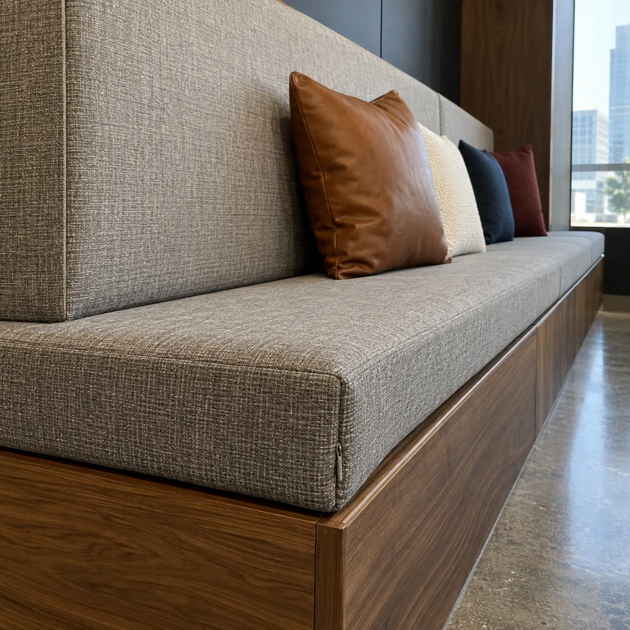 A performance fabric bench cushion with leather pillows