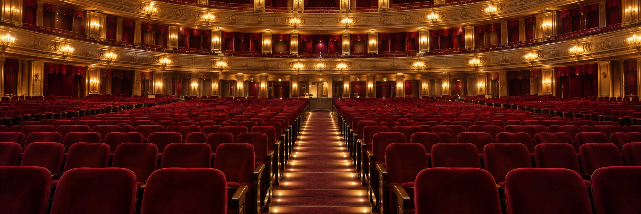 Full house of red seats seen from the rear of a performing arts theater