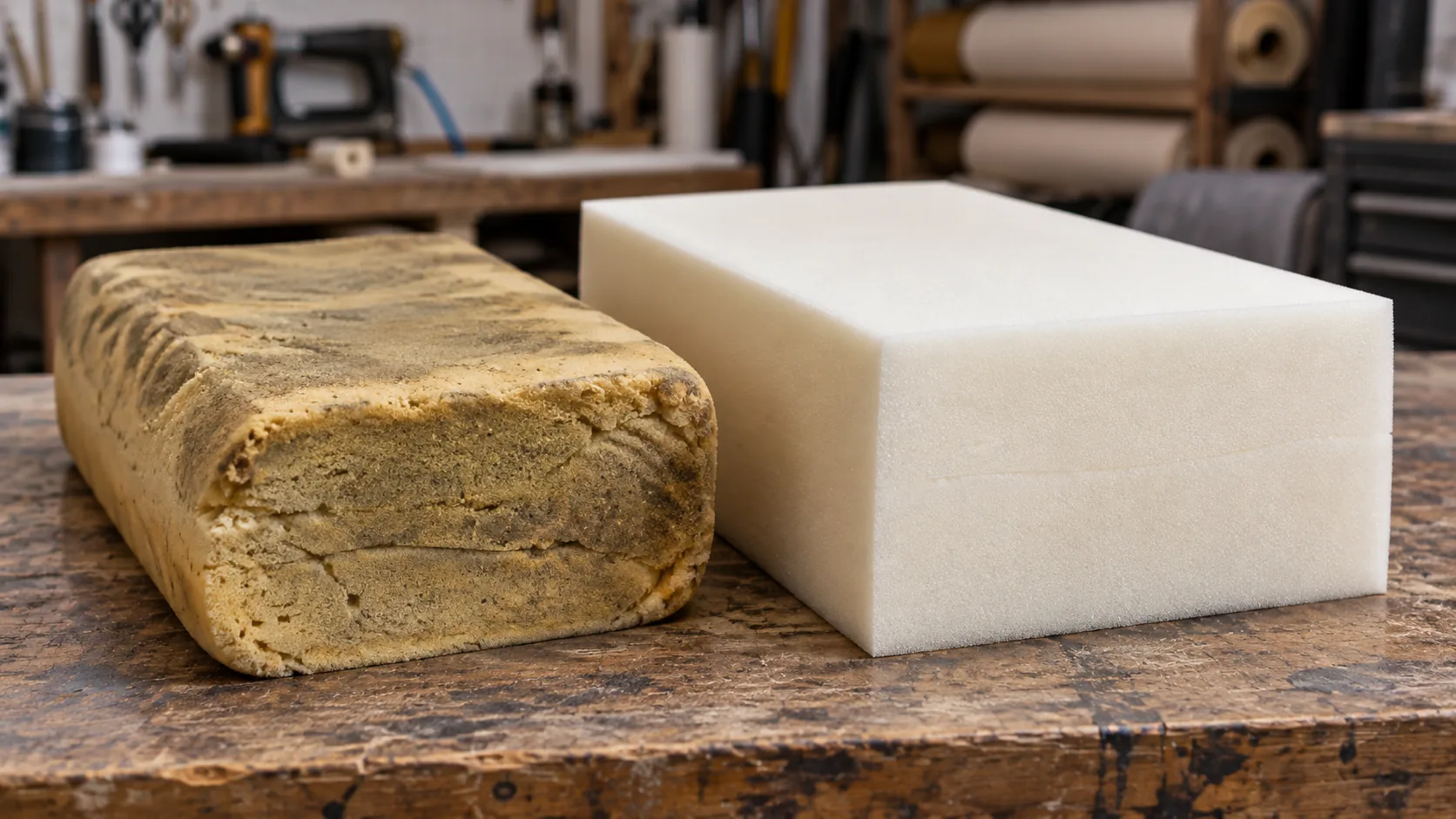 Perished yellow seat foam beside a new white foam block on a workshop bench