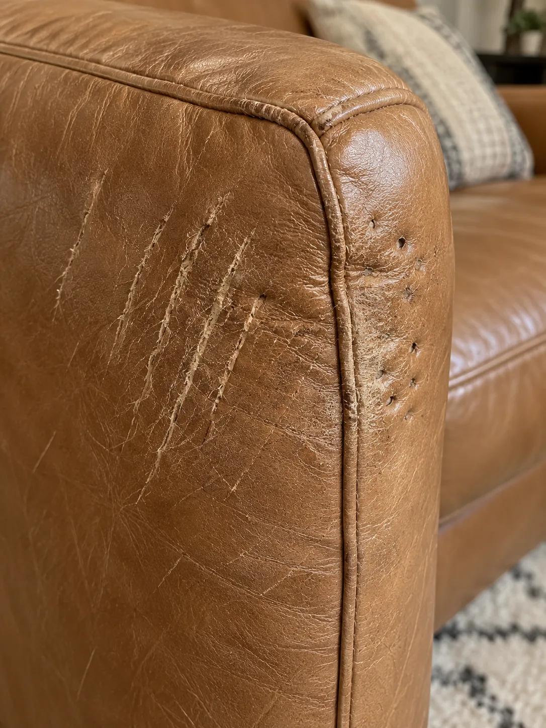 Pet scratches on a leather sofa arm