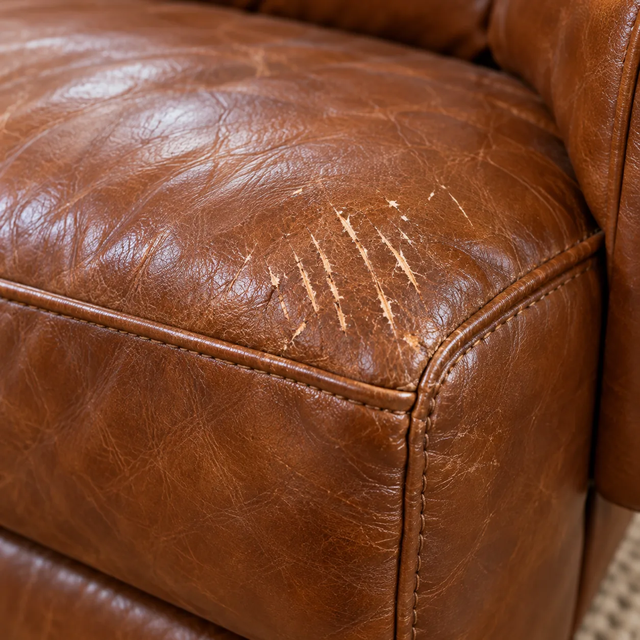 Pet claw scratches on the front of a leather couch cushion