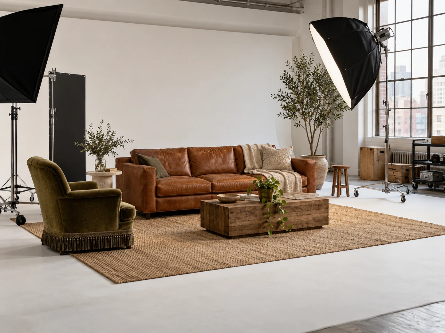 A furniture set dressed on a photography studio floor