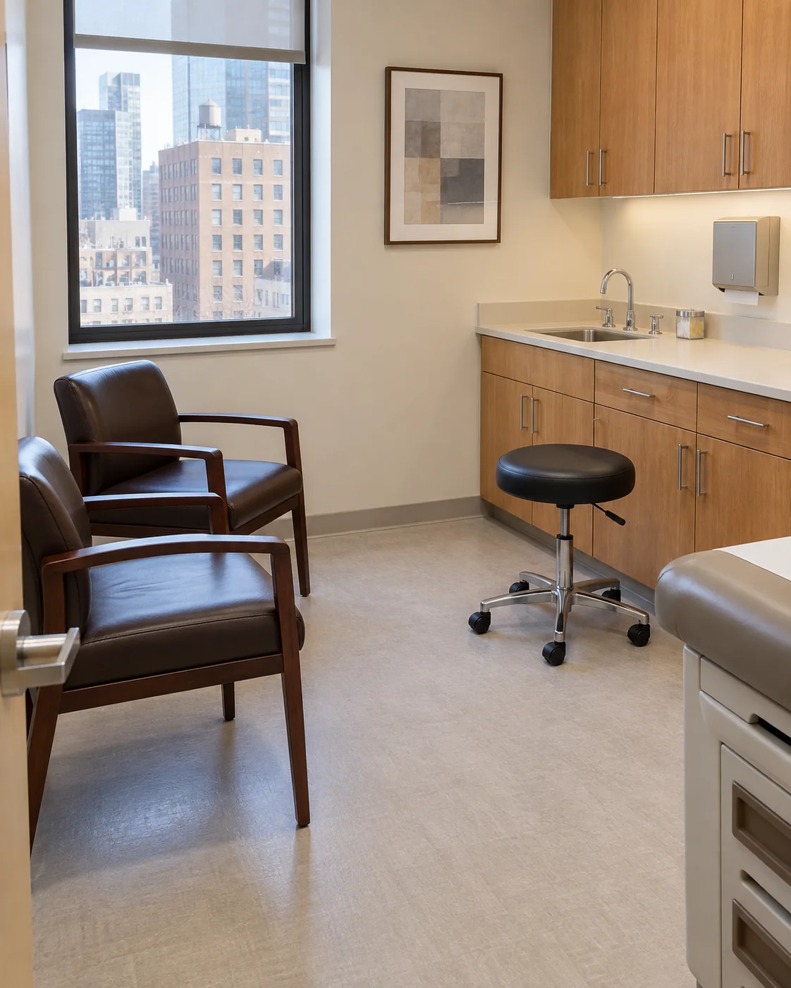 A rolling physician stool and two guest chairs in a medical consult room
