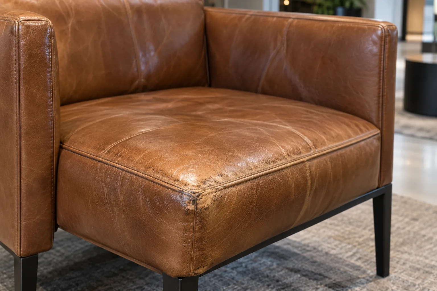 Cognac leather armchair with a worn seat edge