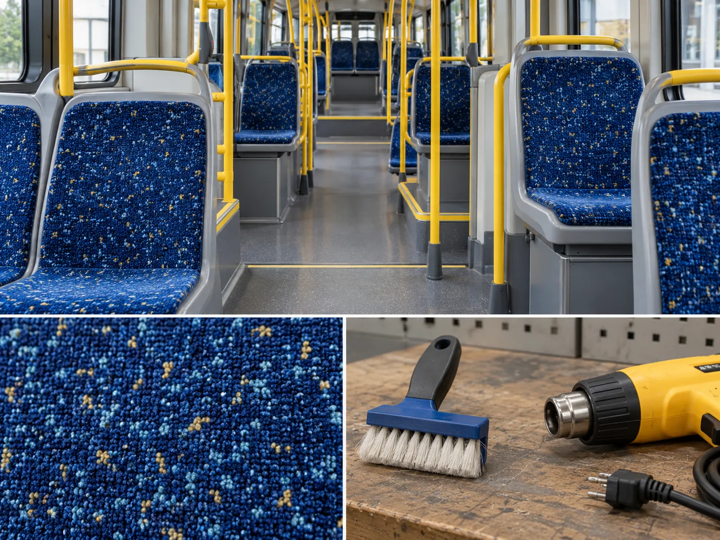 A pile brush and heat gun beside matched moquette