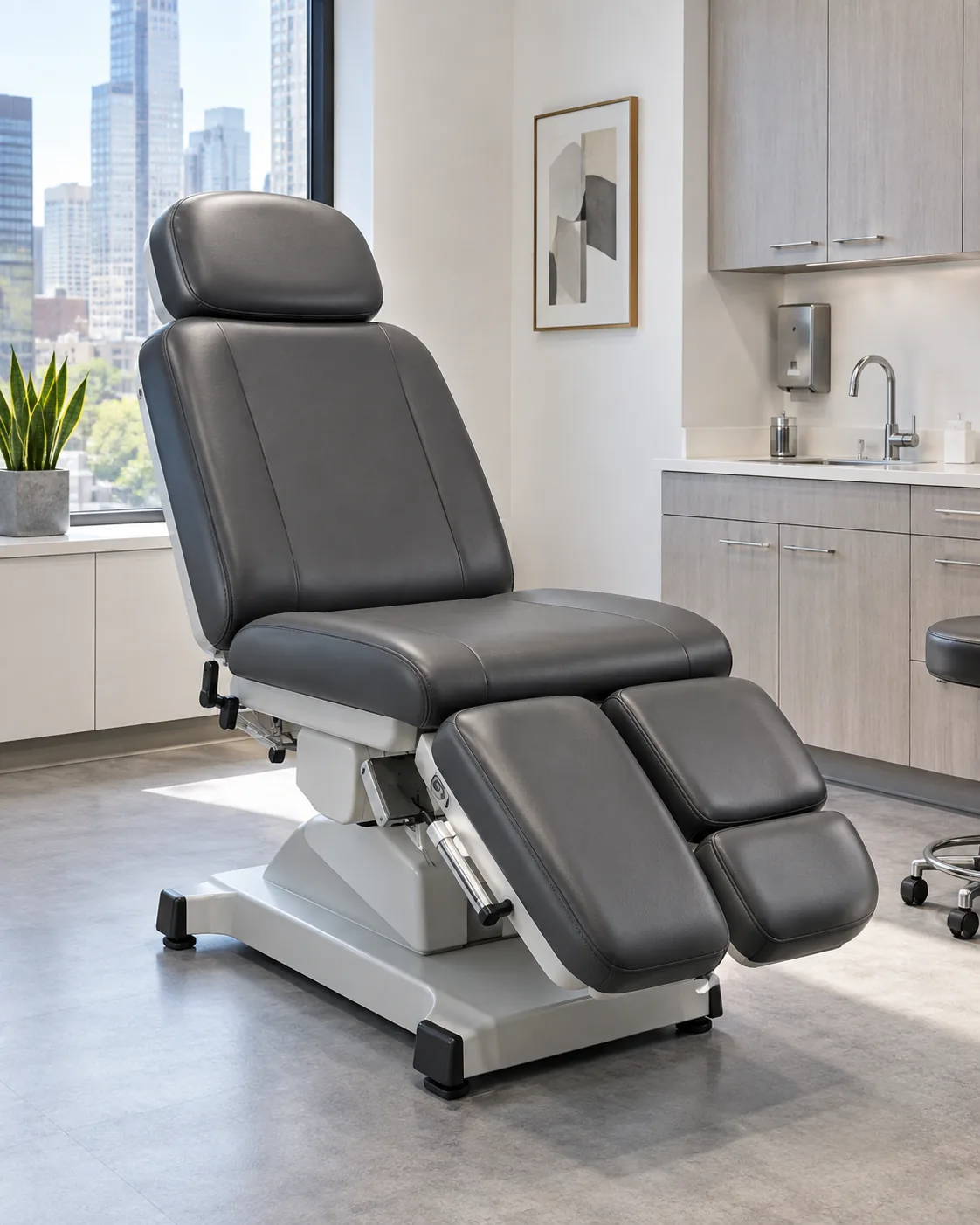 A grey podiatry chair with split leg rests