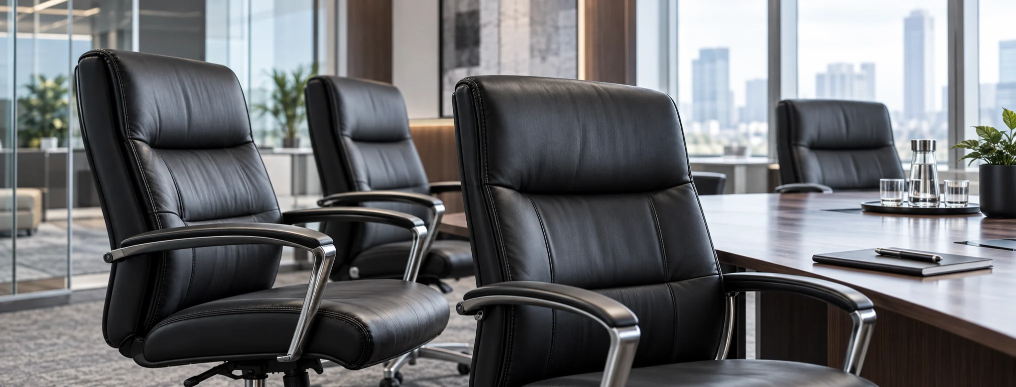 Black leather conference chairs in an office, one site of a multi-location portfolio served on one vendor record