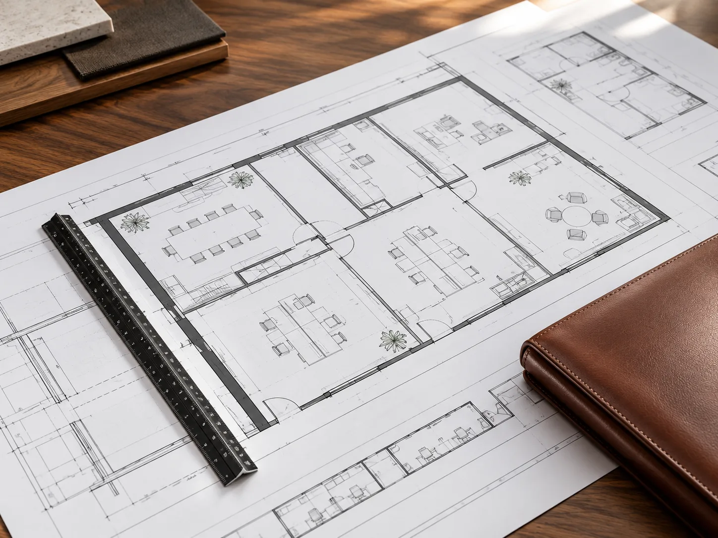 Architectural blueprints used for pre-project and budget planning before furniture work begins