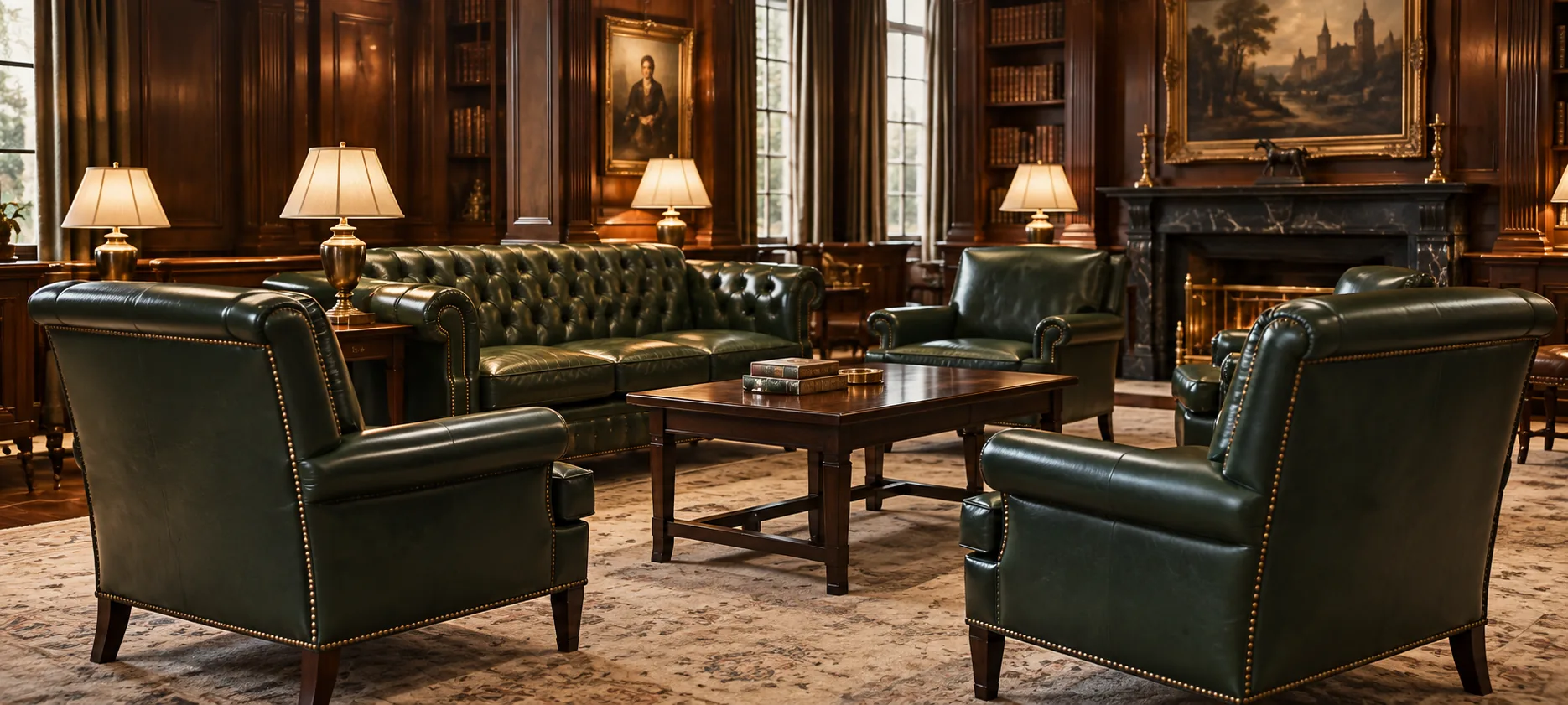 Green leather Chesterfield sofas and club chairs in a private club