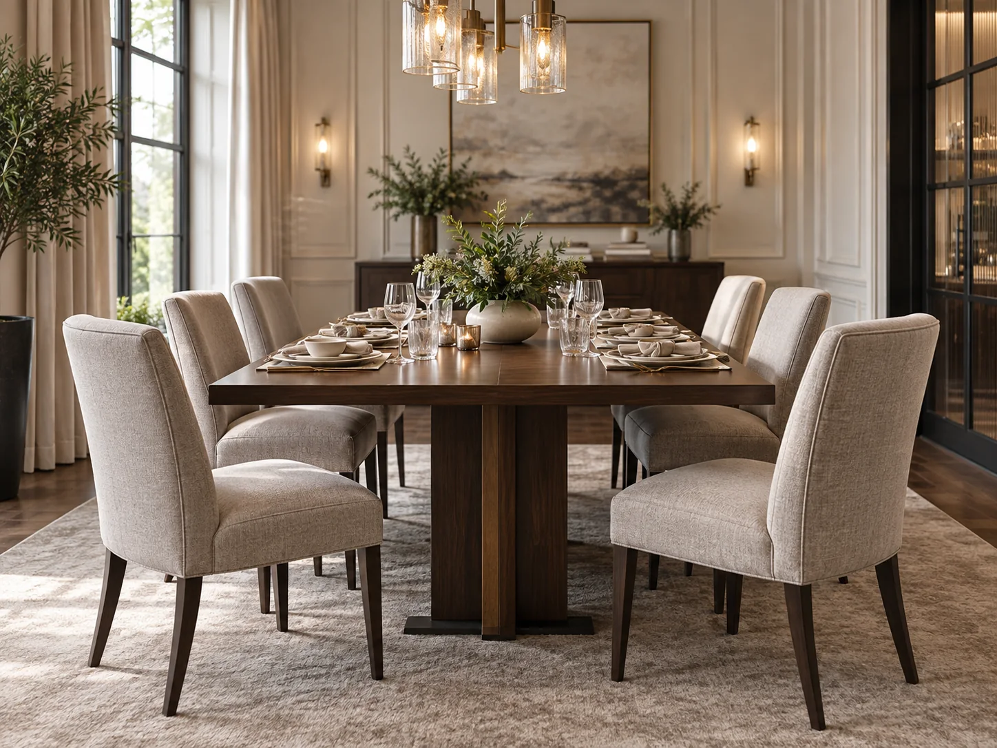 Private dining room with navy upholstered chairs