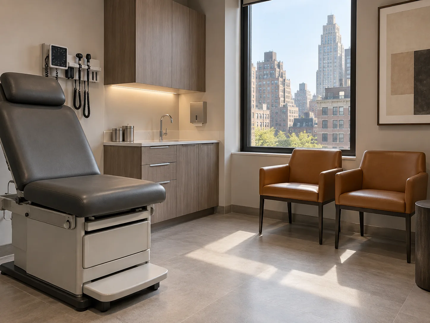 A private practice exam room with an exam chair and two cognac guest chairs