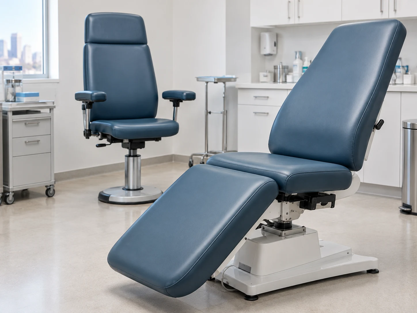 A recovered procedure chair and high-back chair back in an exam room