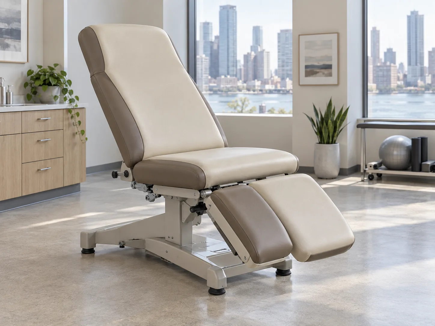 A two-tone cream and taupe procedure chair