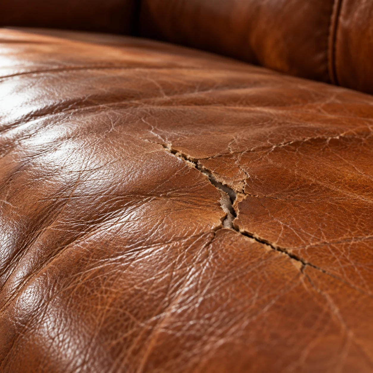A cracked seat panel on a prop sofa