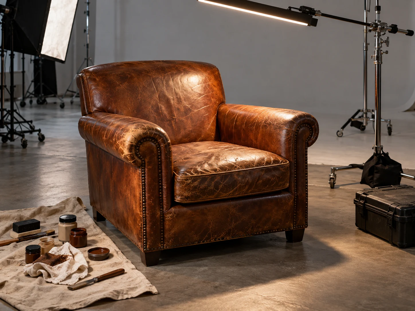 Prop furniture being assessed under raking light