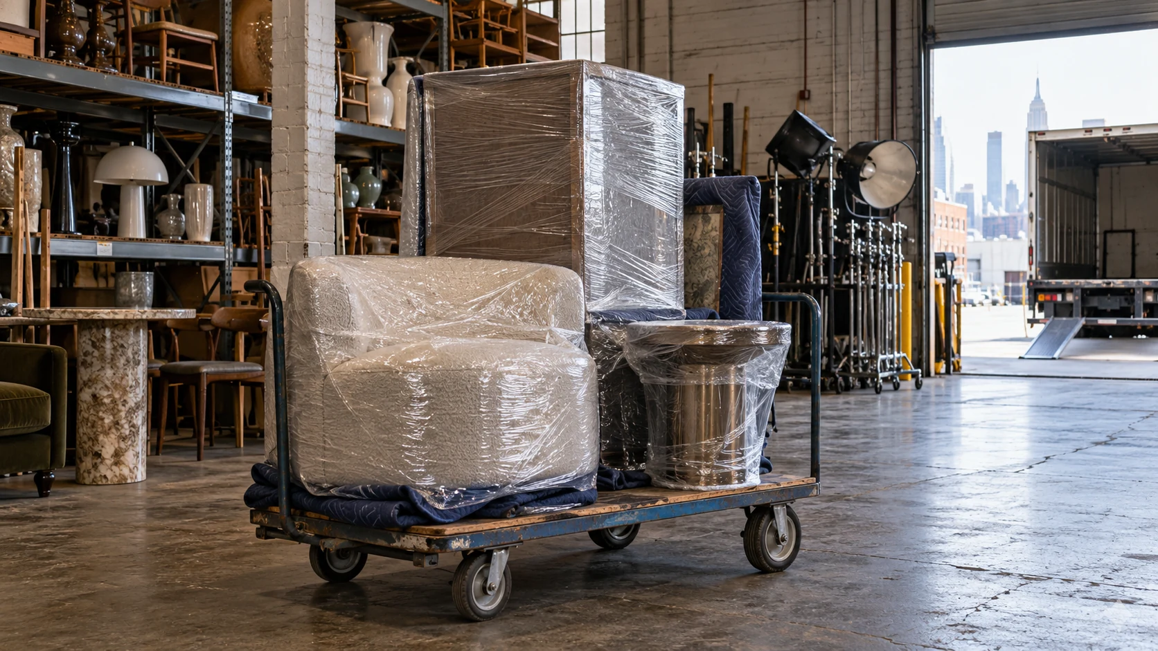 Wrapped prop furniture on a dolly at a prop house loading bay