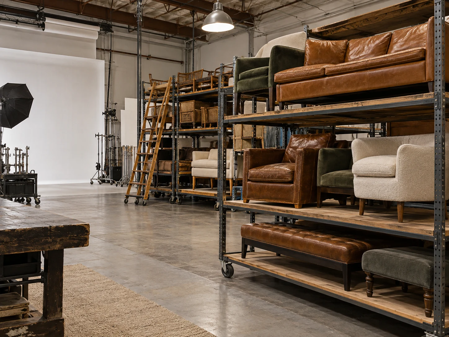 Rows of racked furniture in a prop rental warehouse