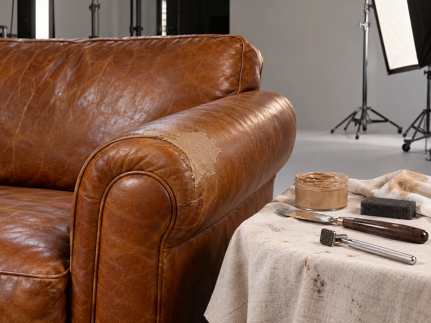 A prop furniture repair being filled and grain-matched
