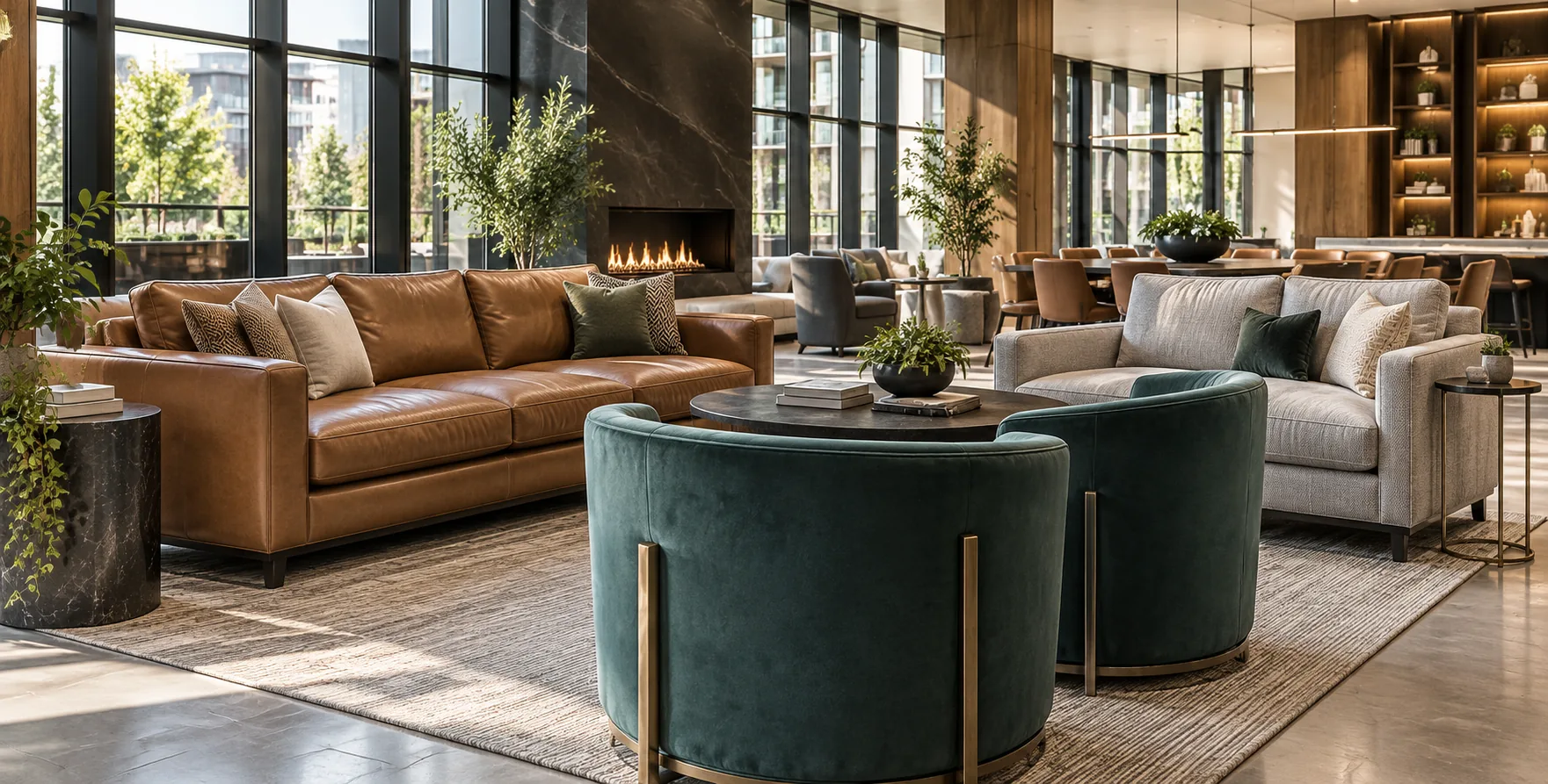 Amenity lounge with a tan leather sofa and fireplace in a managed residential building