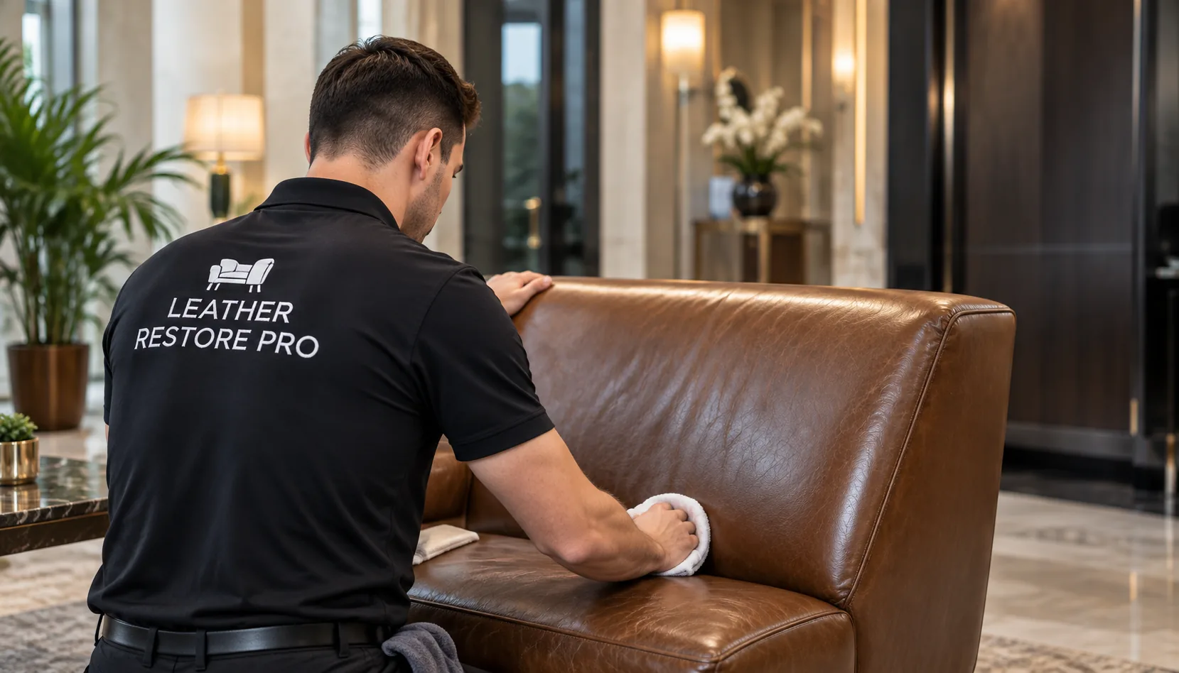 Technician cleaning a tan leather chair in a marble property lobby
