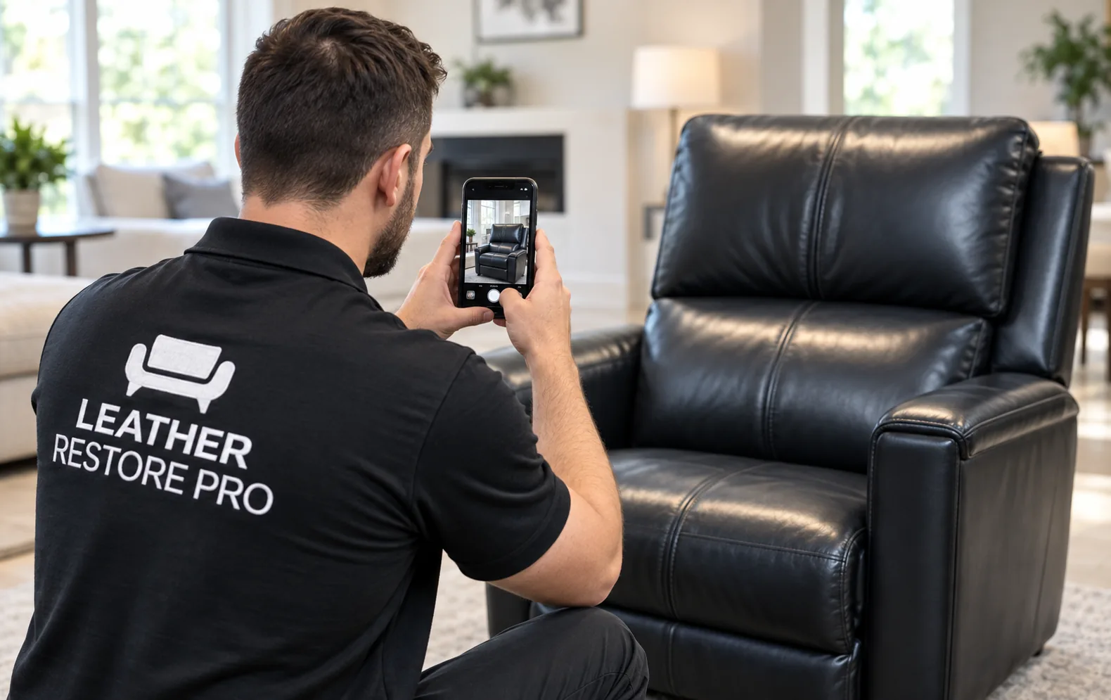 Completion photograph taken of a repaired black leather recliner
