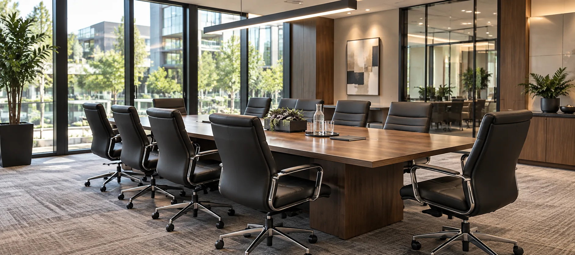 Property conference room with black leather chairs and a glass wall